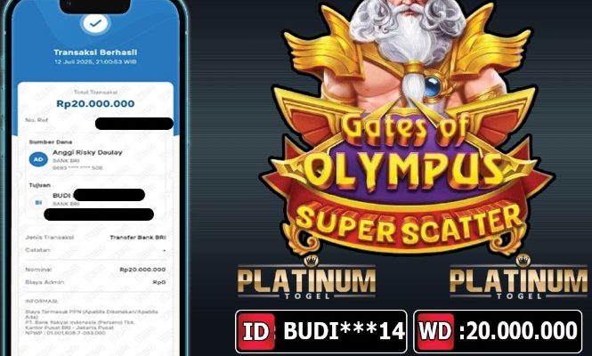 BUKTI PEMBAYARAN JP MENANG GATES OF OLYMPUS SUPER SCATTER Rp 20.000.000 ,- USERID : BUDI***14 TANGGAL 12 - JULI - 2025